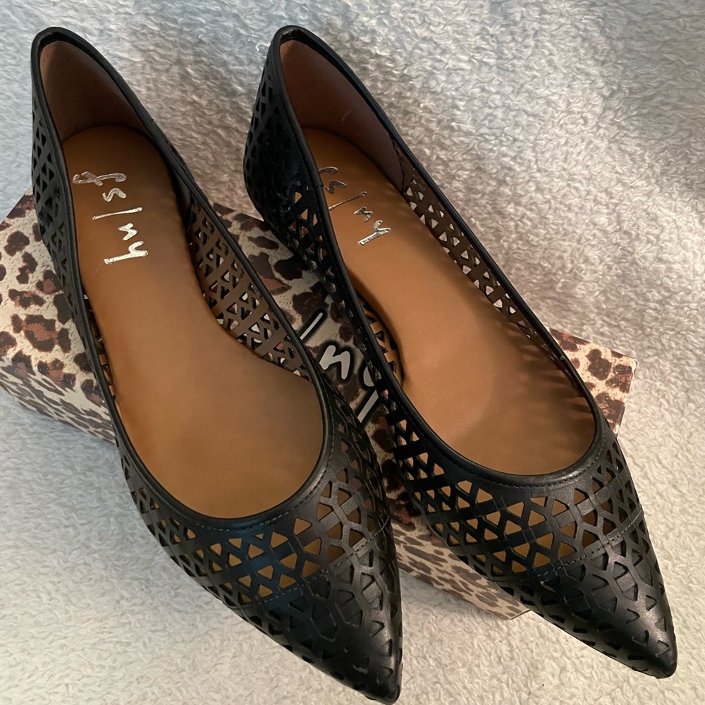 NIB French Sole FS/NY Quantum Black Leather Pointed Toe Flats Size 10